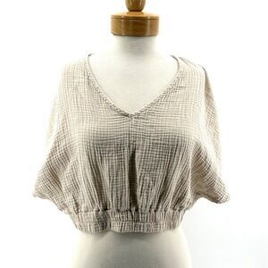 Boho Beige Cropped V Neck Top Dolman Sleeve Womens L Gauze Cottagecore Festival